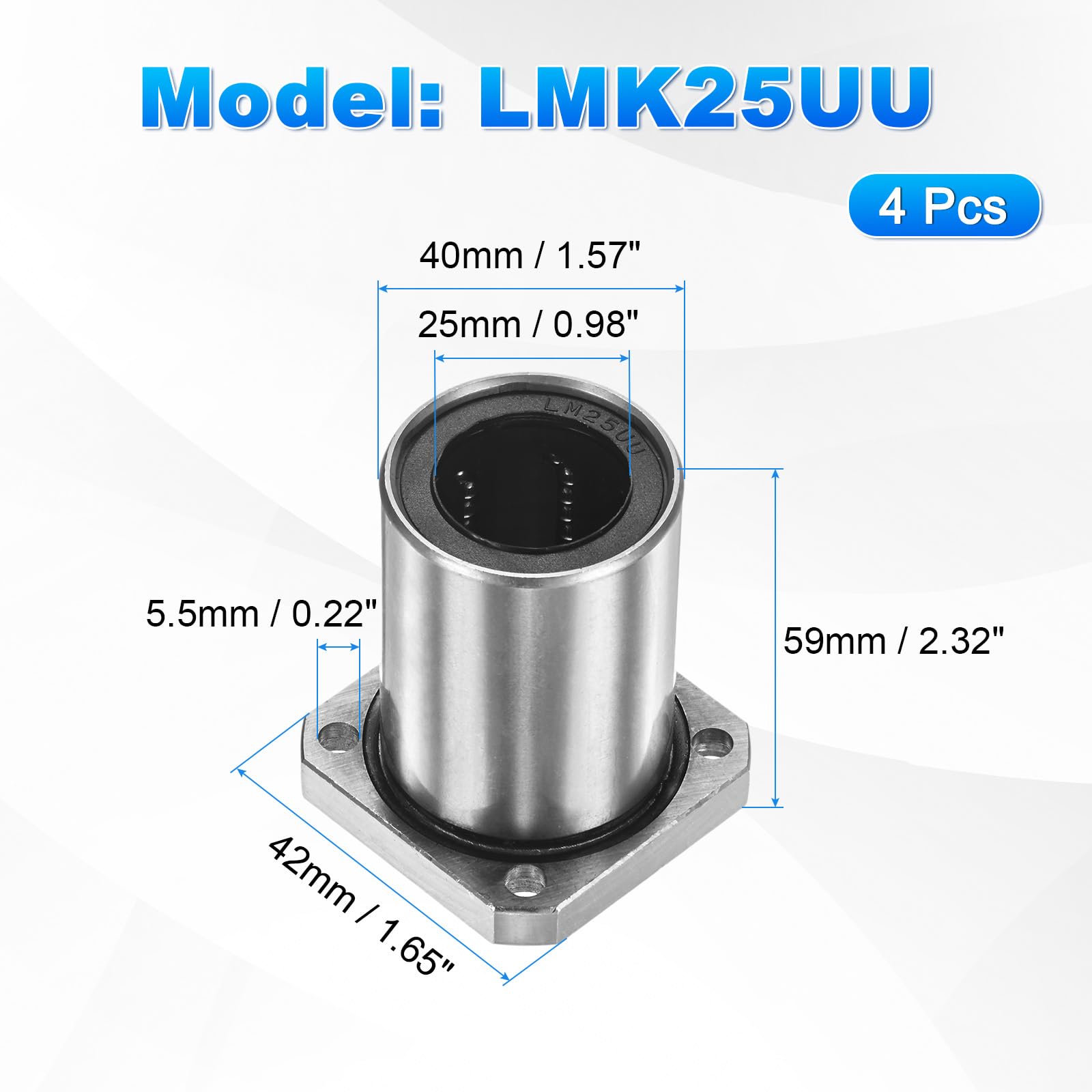 PATIKIL Cuscinetti rigori A Sfere LMK25UU ID 25mm OD 40mm L 50mm Foro 5.5mm 4Pcs Flangia Rotonda Cuscinetto A Scorrimento rigore Doppia Tenuta Gomma Guida Albero Per Macchine Stampante 3D