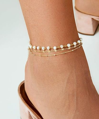 Miniatura 6 de Women Dainty Anklet,14K Gold Plated Satellite Anklet Double Layered Cute Beads Chain Tassel Coin Disc Heart Summer Ankle Bracelet Boho Beach Foot