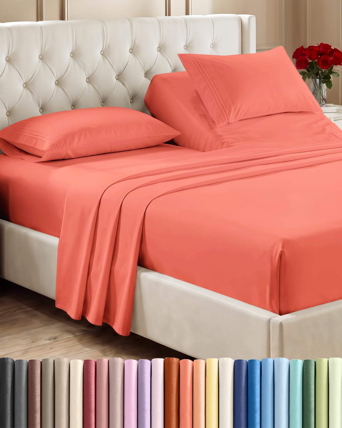 Flex Top Split Head King 4 Piece Sheet Set - Ultra-Soft, Breathable - Coral