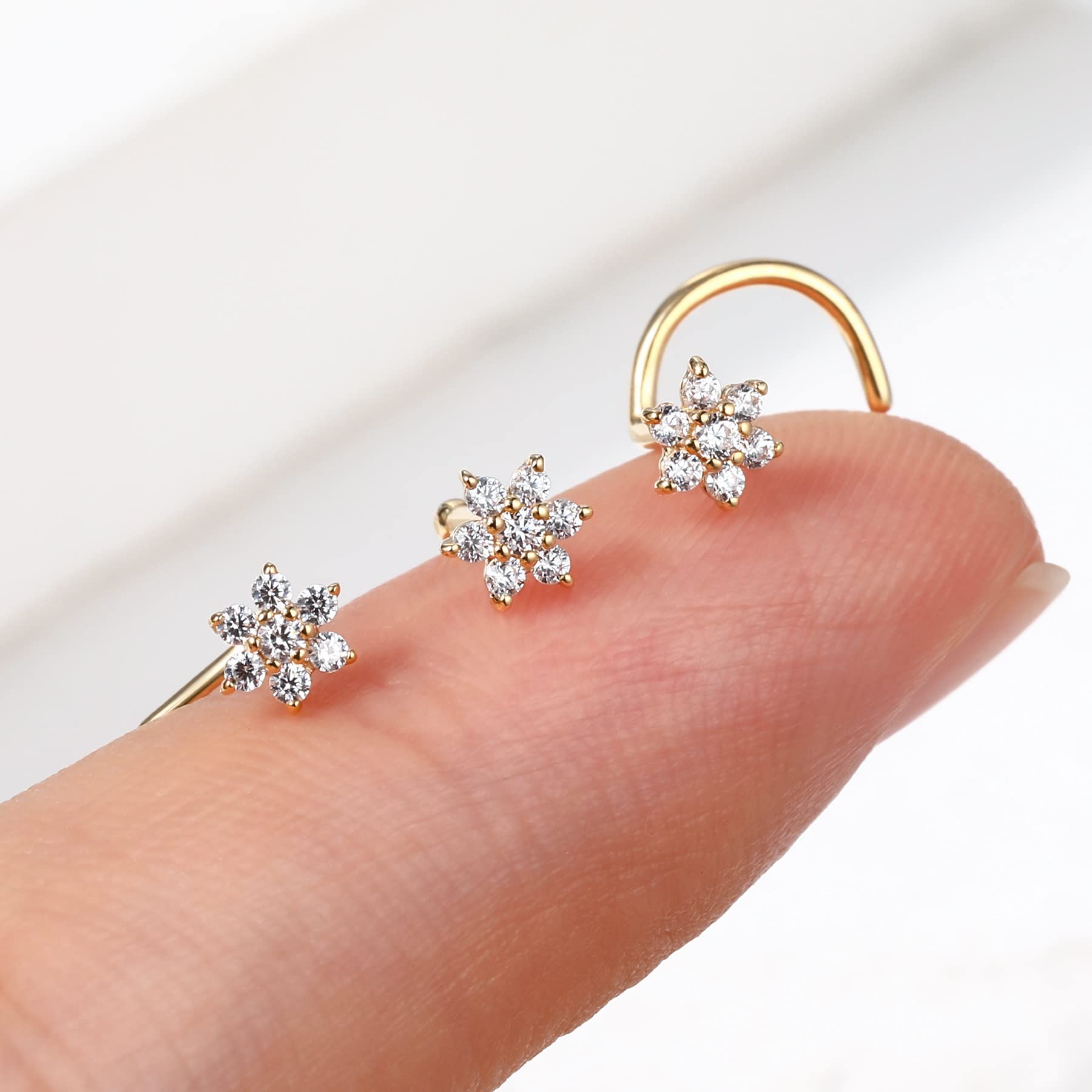 CM Crareesi Mania 14K Solid Yellow Gold Nose Stud 20 Gauge Nose Screw Nose Ring Flower CZ Stone Prong Set 4mm Diamond L Shaped Nostril Nose Piercing Jewellery Real Yellow Gold for Women Men