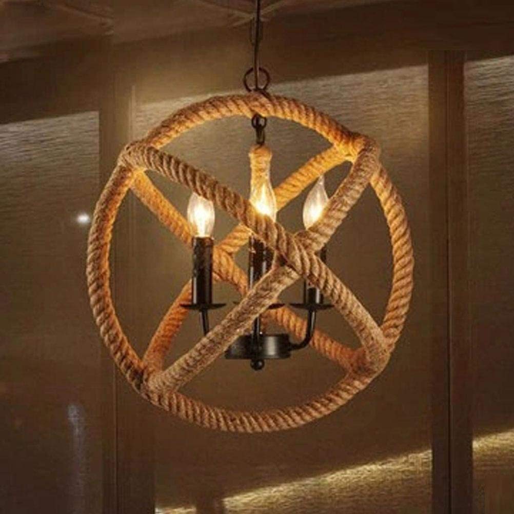 Zzyff Vintage Edison Pendant Light E14 Lamp Socket Retro Antique Industrial Hemp Rope Iron Metal 3-Lights Pendant Lamp Personality Brown Rustic Globe Adjustable Height Ceiling Lighting Max 60W &Oslash