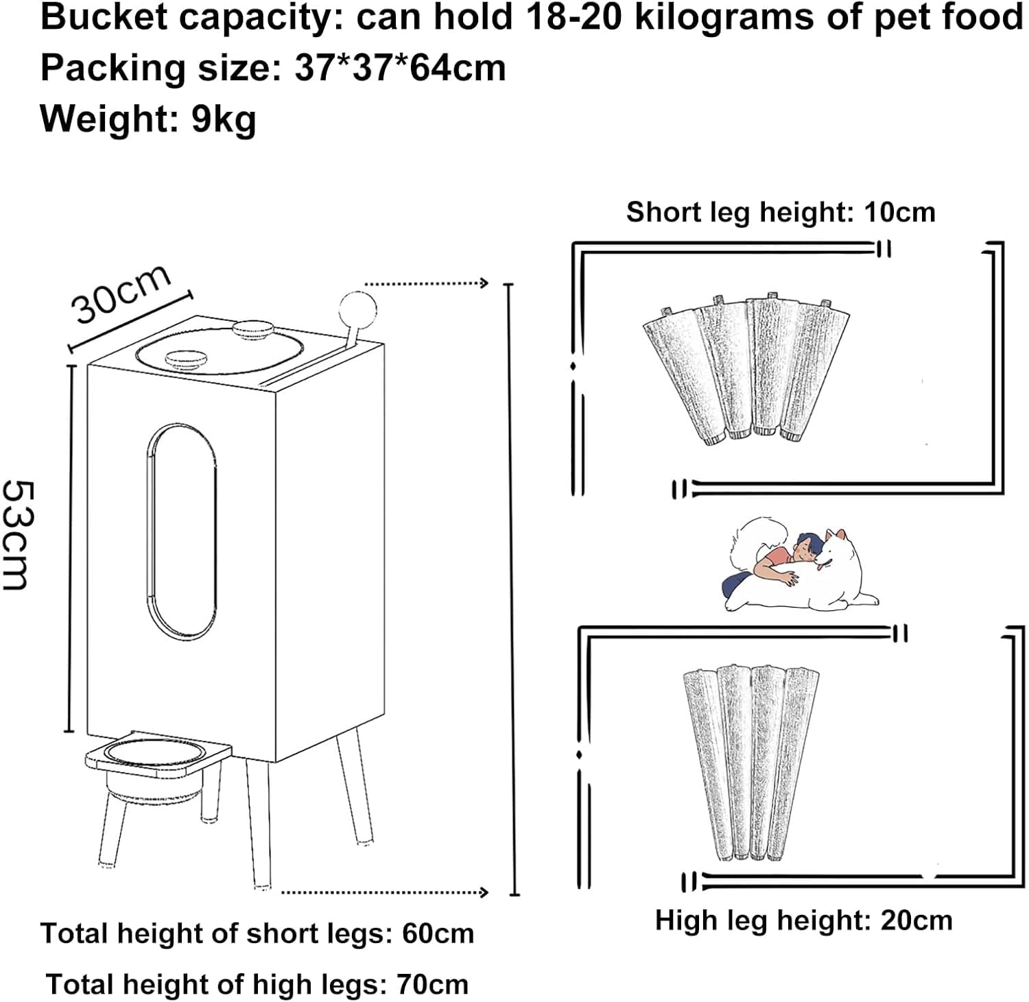 Mangiatoia Per Animali Domestici Di Grande Capacità, Con Contenitore Per Alimenti Da 18-20 Kg, Dispenser Automatico E Ciotola In Acciaio Inox, Tavolo Da Pranzo In Legno Per Cani Di Piccola E
