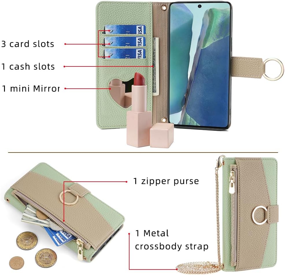 Asuwish Phone Case for Samsung Galaxy Note 20 5G Wallet Cover with Screen Protector and Mirror Flip Cover Ring Card Holder Crossbody Strap Stand Cell Note20 Notes 20s Twenty Not S20 Women Girls Green