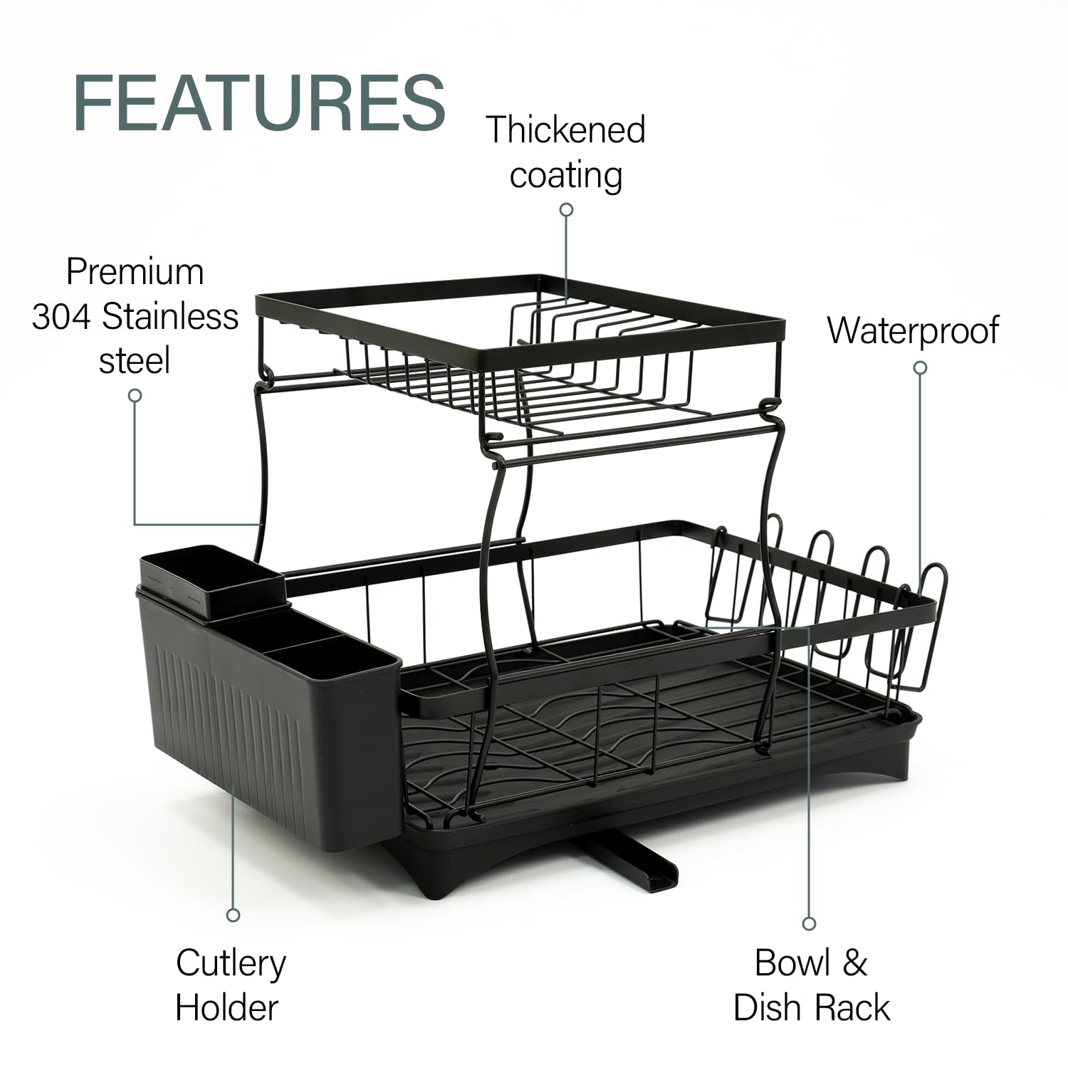 edihome, Egouttoir Vaisselle, Egoutoire Vaisselle Cuisine Double, sur Evier, Noir, INOX, Égouttoir Couvert, Dish Rack, Drying Rack, Buse Rotative 360° (2 Niveaux)