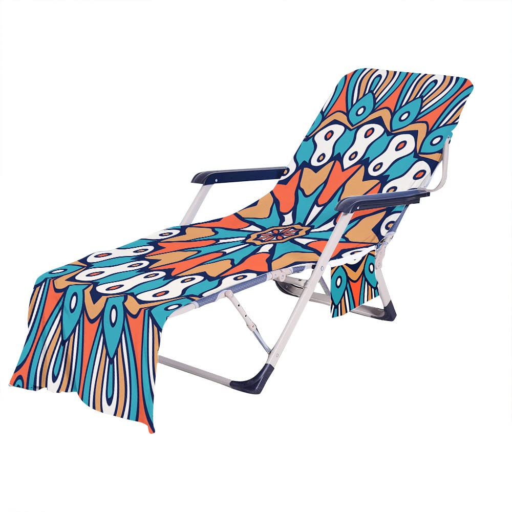 RRrawgff Beach Chair Cover Towel, Colourful Bohemian Exotics Print Beach Towel Lounger Bags with Pockets, Microfiber Sunbed Sun Lounger Towels for Summer Outdoor Garden Pool (73x210cm,J)