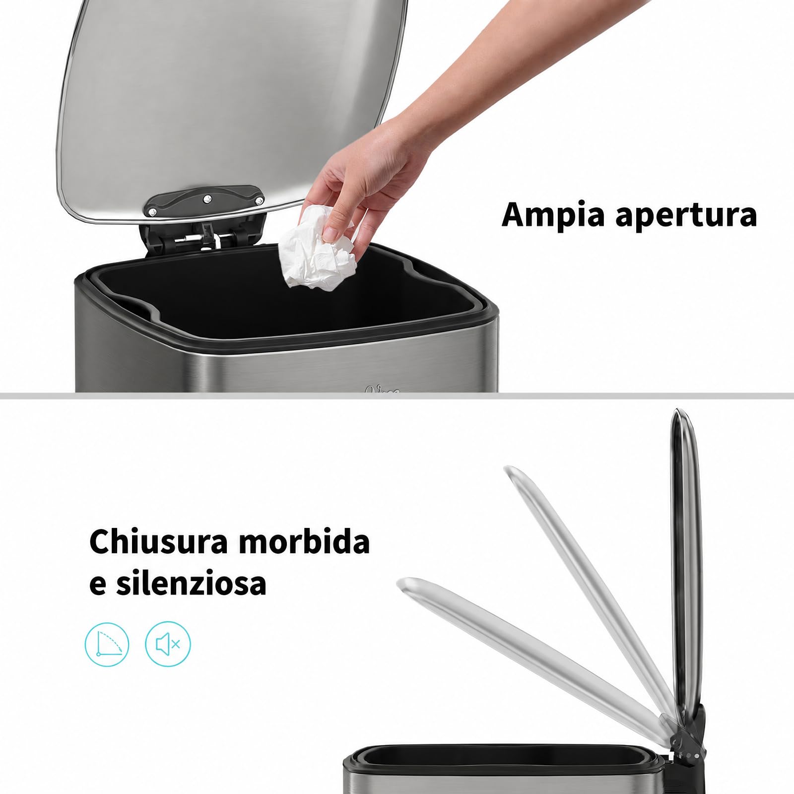mVm Pattumiera Slim da Cucina in Acciaio Inox, 30L Forma Rettangolare Alta e Stretta, Coperchio Sottile Soft Close, Secchio Interno Rimovibile, Pedale Antiscivolo, 4 Colori