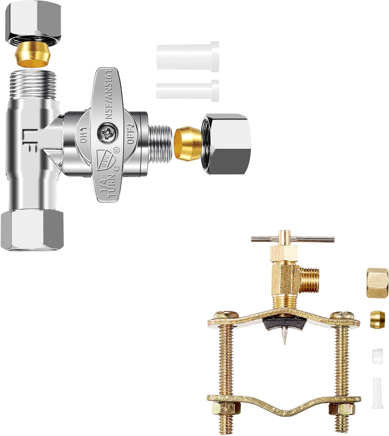 Add-A-Tee Valve 3/8 Inch x 3/8 Inch x 1/4 Inch,1/4 Turn,Brass Angle Stop Valve Adapter，1/4" Compression Outlet Brass Needle Valve
