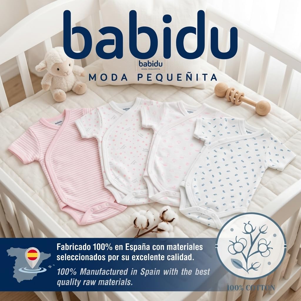 BABIDU | Pack 4 Bodys Bebé Abertura Hombro Manga Corta Algodón 100% Suave Transpirable, Body Recién Nacido Unisex Primera Puesta Niño y Niña, Ideal para Uso Diario y Piel Sensible