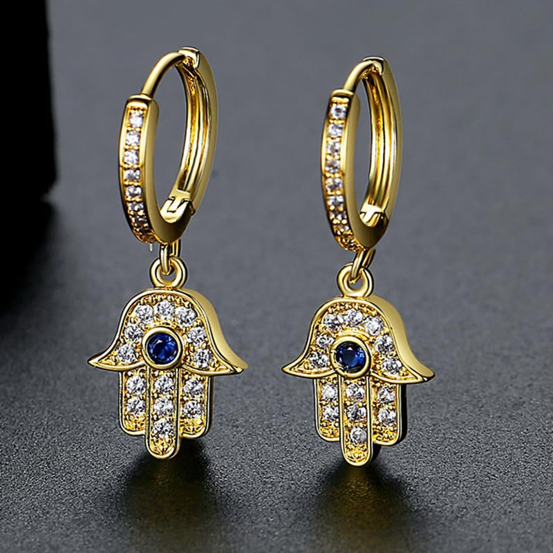 14K Gold Hand of Fatima Hoop and Drop Earrings, Moissanite and Sapphire Evil Eye Earrings for Women4
