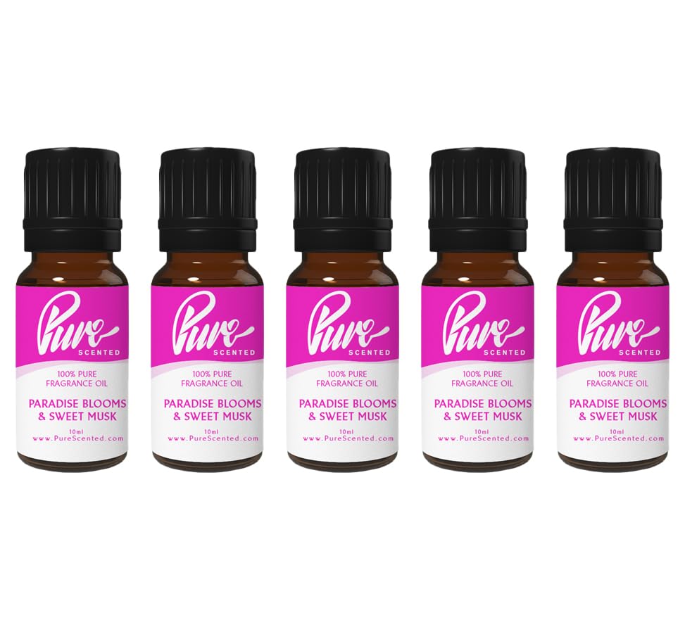 Pure Scented 50ml Fragrance Oils - 5 x 10ml Suitable for Candles, Soaps, Slime, Diffusers, Cosmetics, Wax Melts, Designer (5 x 10ml, Paradise Blooms & Sweet Musk)