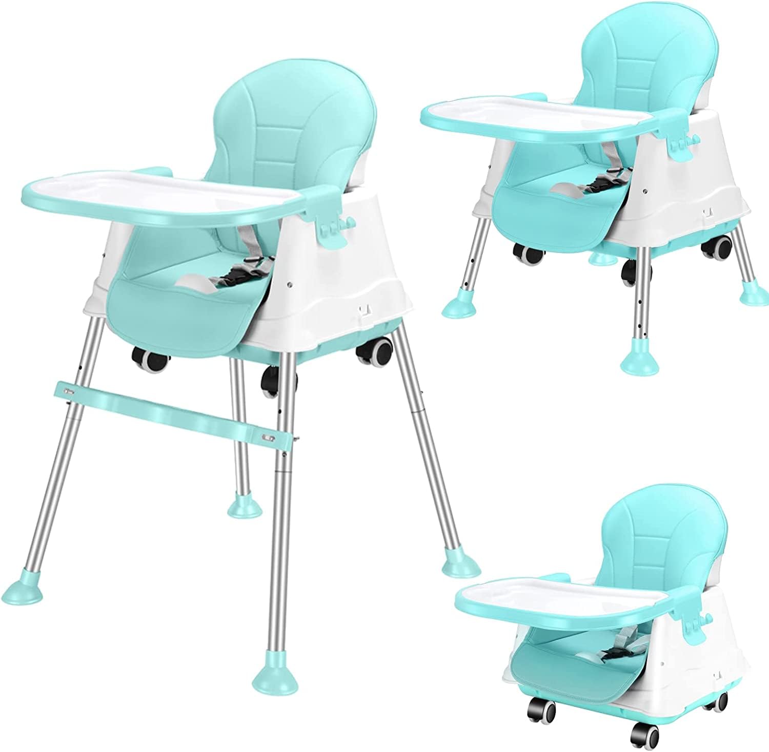 TDOO 3 in 1 Convertible High Chair for Kids with Adjustable Height and Footrest, Baby Toddler Feeding Booster Seat with Tray, Wheels, Safety Belt and Cushion For 6 Months to 3 Years (Green-B)