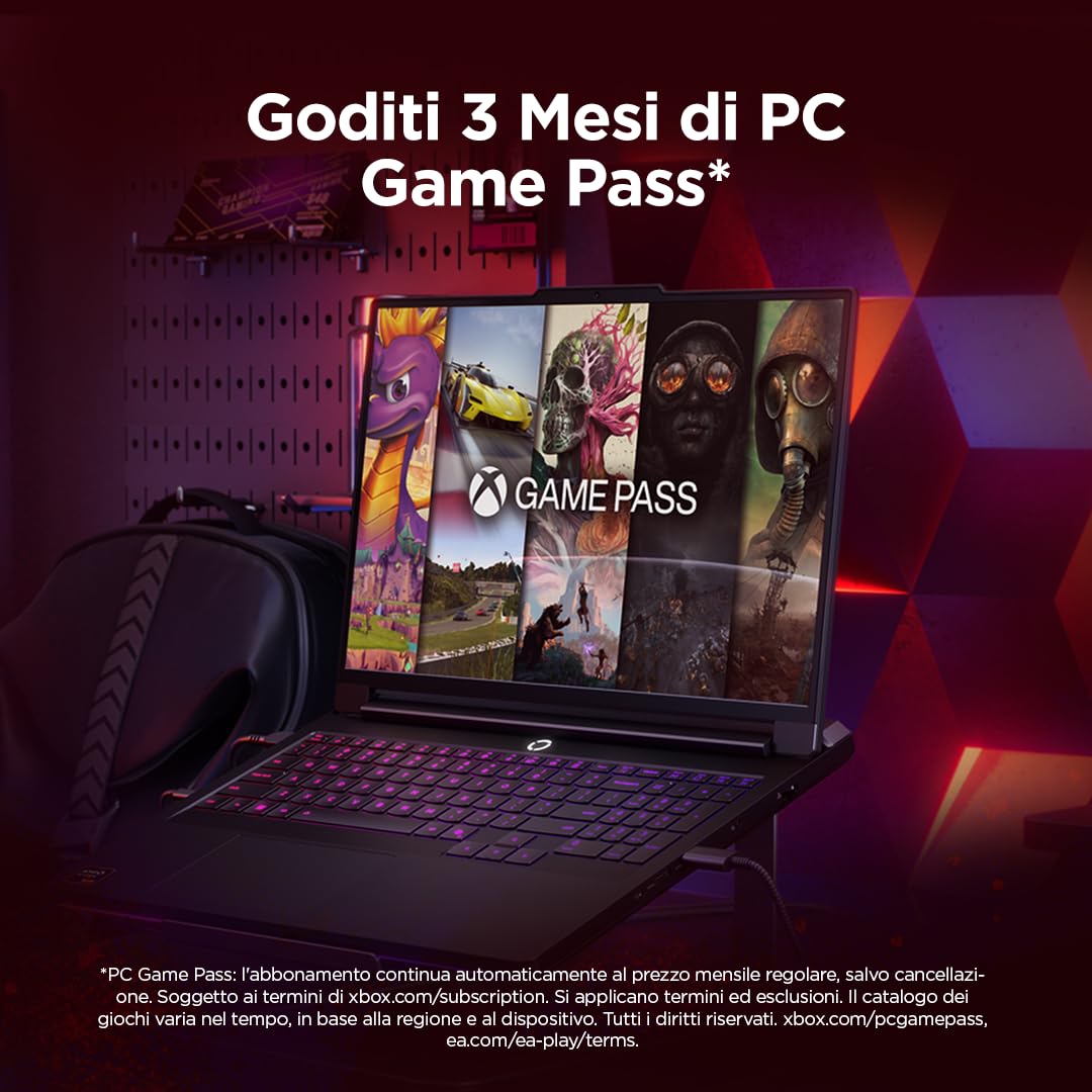 Lenovo Legion Pro 7 Gaming AI Laptop - Display OLED 16" WQXGA 240Hz, NVIDIA GeForce RTX 5080, AMD R9 9955HX3D, RAM 32GB DDR5, SSD 2TB, Windows 11, Tastiera RGB QWERTY, 3 mesi GamePass