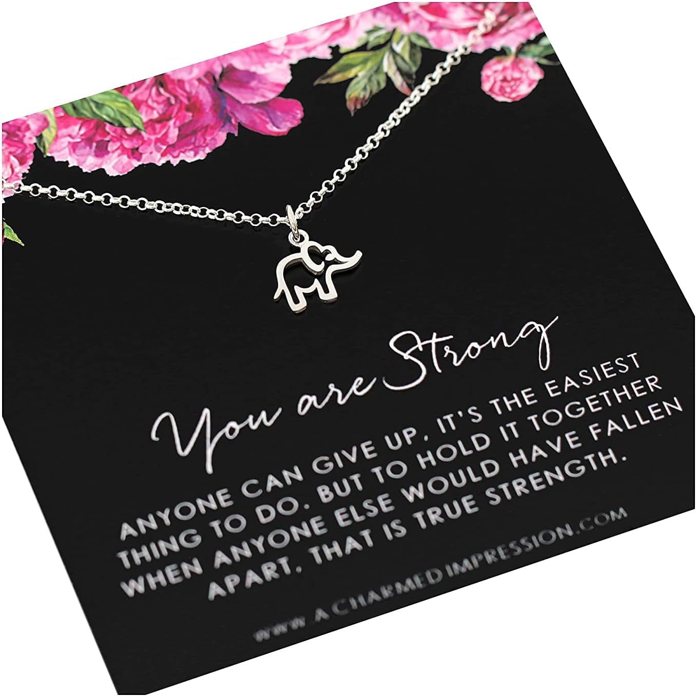 A Charmed Impression Sterling Silver Elephant Necklace - Inspirational Gift: You are Strong