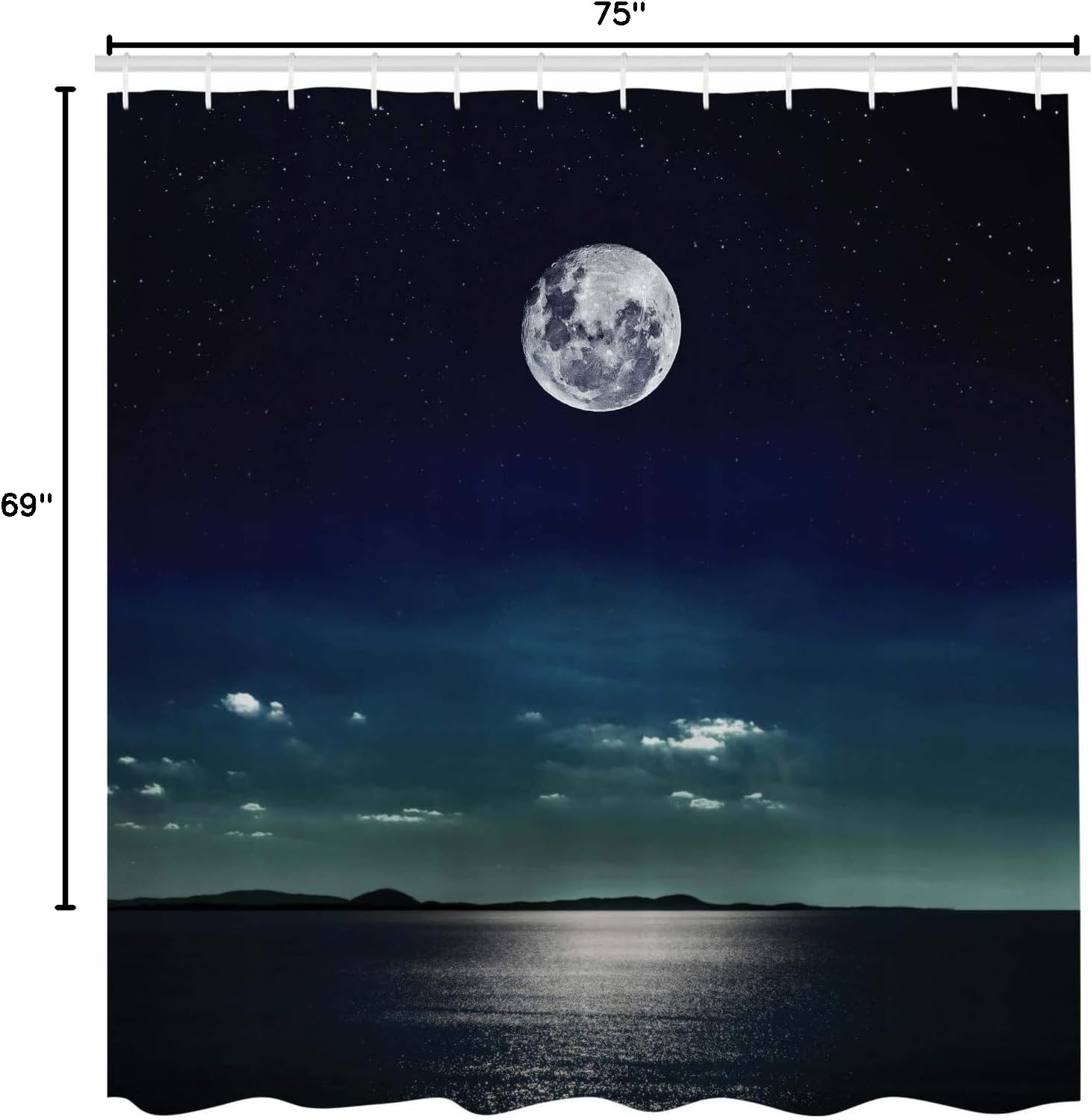 Ambesonne Ocean Shower Curtain, Full Moon Reflected in The Sea Moon Rays Surface Starry Sky Night Scenic View Print, Cloth Fabric Bathroom Decor Set with Hooks, 69" W x 75" L, Black Navy