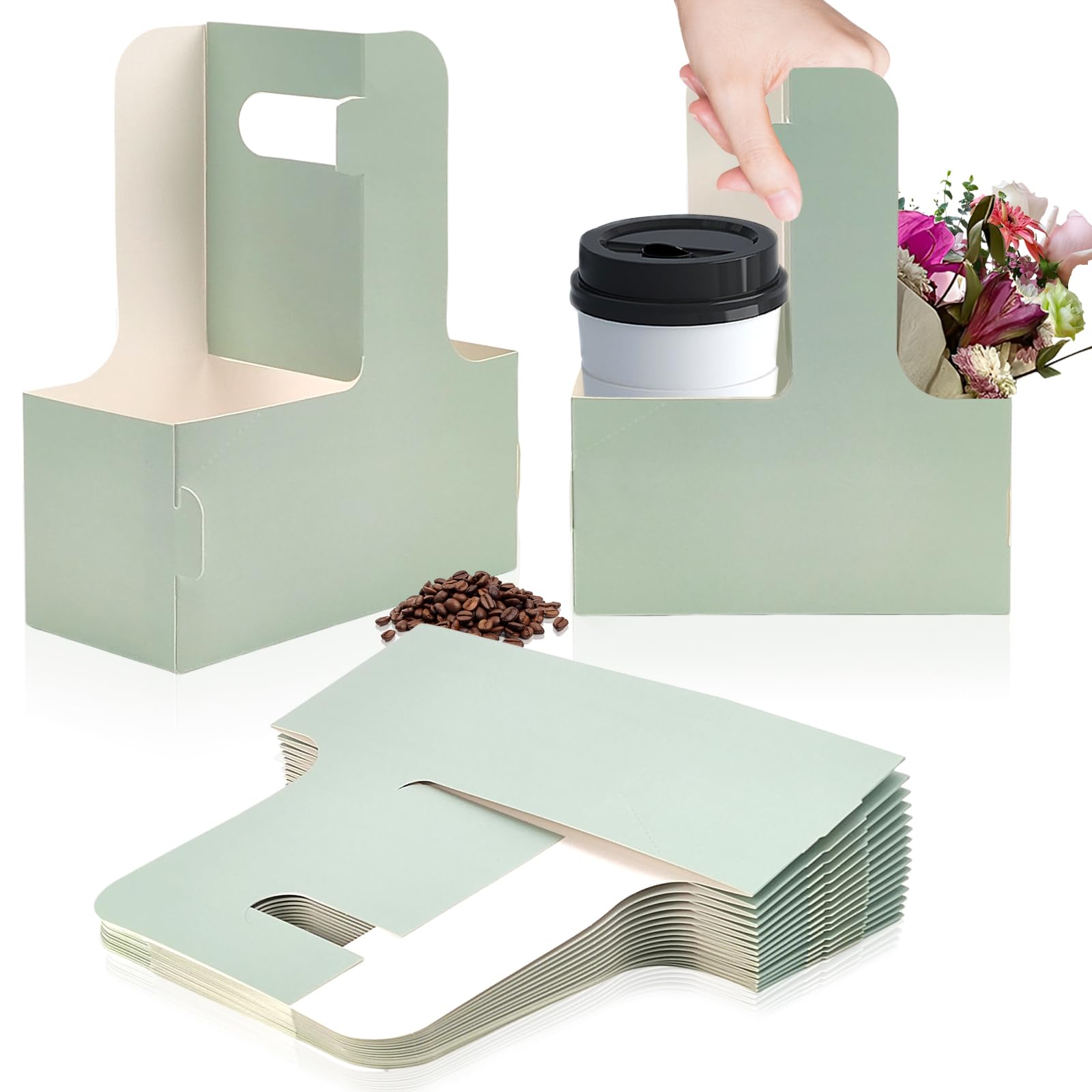 2 Cup Disposable Drink Carrier for Delivery with Handle,15 Count Green Paperboard Cup Holder,Cup Carriers for Hot or Cold Drinks,Coffee Carrier, Food