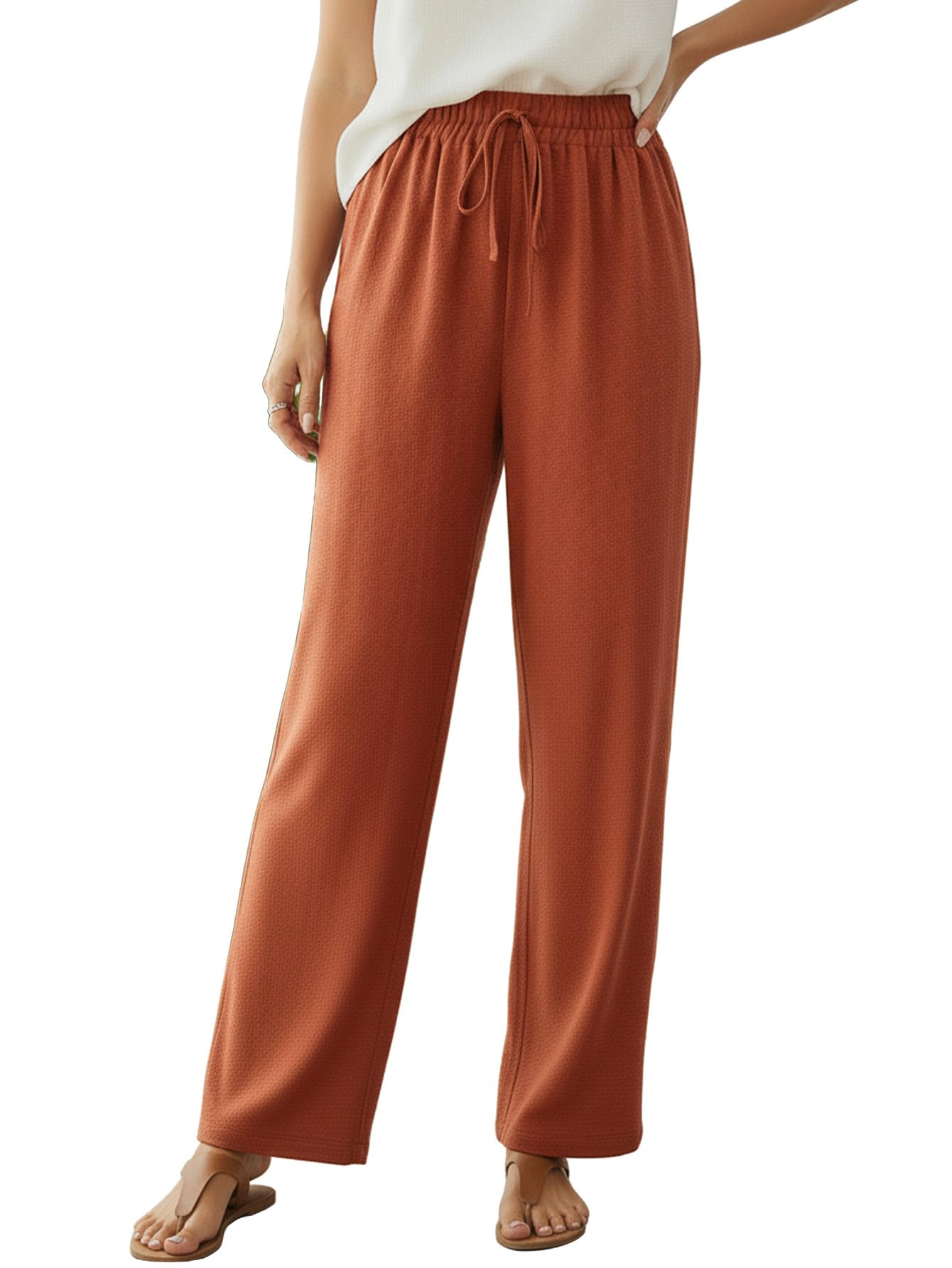 Womens Plus Size Drawstring Elastic Waist Pants Dressy Casual Shirred Straight Leg Trousers