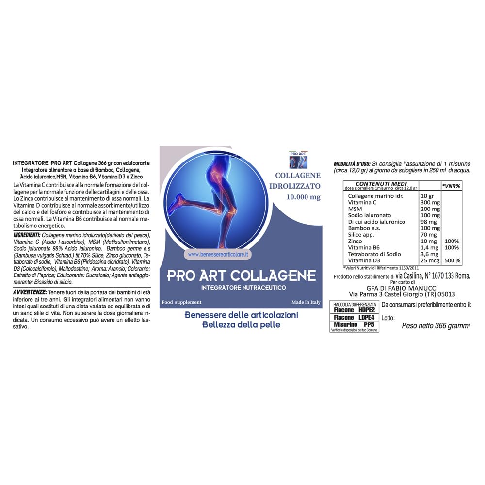 PRO ART Collagene Marino Idrolizzato Alto Dosaggio in Polvere 10.000 mg con Acido Ialuronico, Vitamina C e Zinco per Pelle Articolazioni e Capelli – 366 g Made in Italy