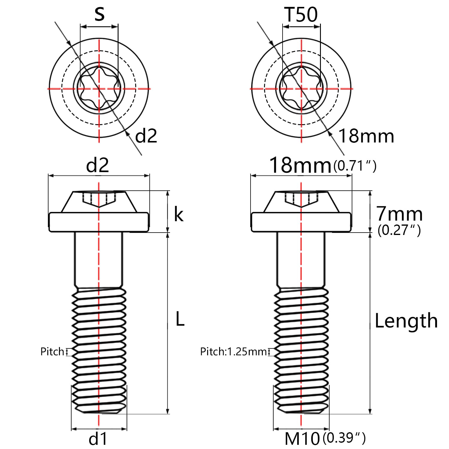 Titanium M10 10 15 20 25 30 35 40 45 50 55 60 mm Torx Head Bolt Screw Pack of 4 (M10x60mm Pitch 1.25mm, Ranibow)