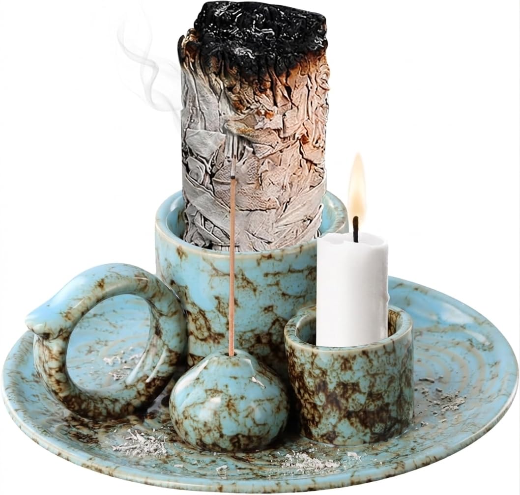 Incense Holder Burner Ceramic,4 in 1 Palo Santo Holder, Incense Stick & Candle Holder with Ash Catcher Tray for Meditation,Yoga,SPA,Home Decoration (Green)
