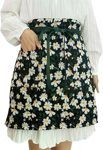 Vanoker Delantales bordados de cintura de moda para el hogar, cocina, restaurante, accesorios para fotos, floristería, encaje blanco, medio delantal