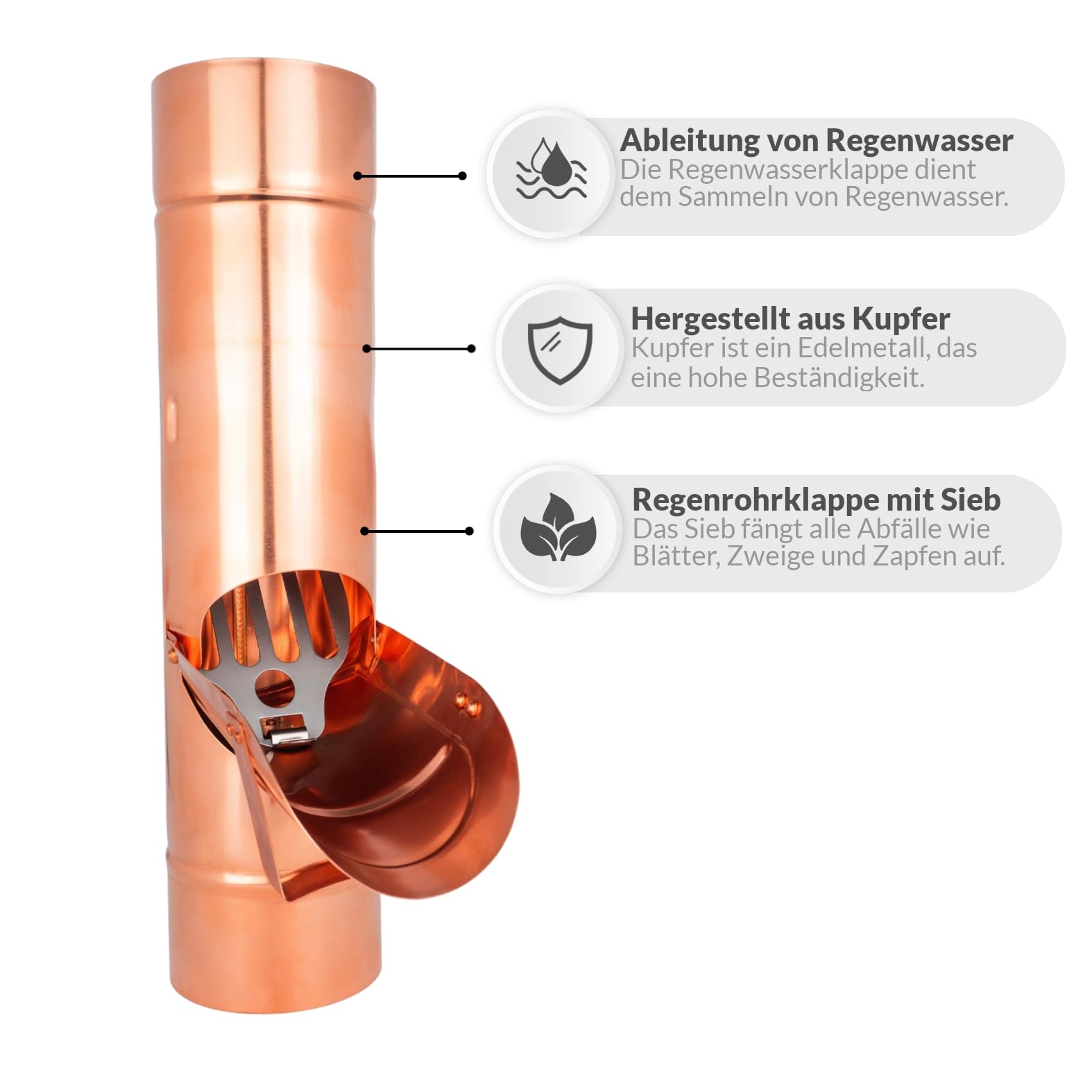Regenrohrklappe mit Sieb für Dachrinne Fallrohrklappe Kupfer Regenwasserklappe Dichtheit und effizienter Betrieb des Rinnensystems für Fallrohr 100 mm Nennweite