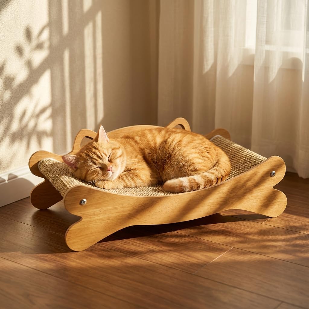 Cat Scratcher Bed for Indoor Cats - Summer Cool Hammock, 23.2″ Large Scratching Lounge with 40 lbs Weight Capacity, Wooden Modern Cat Scratching Post & Pad Furniture