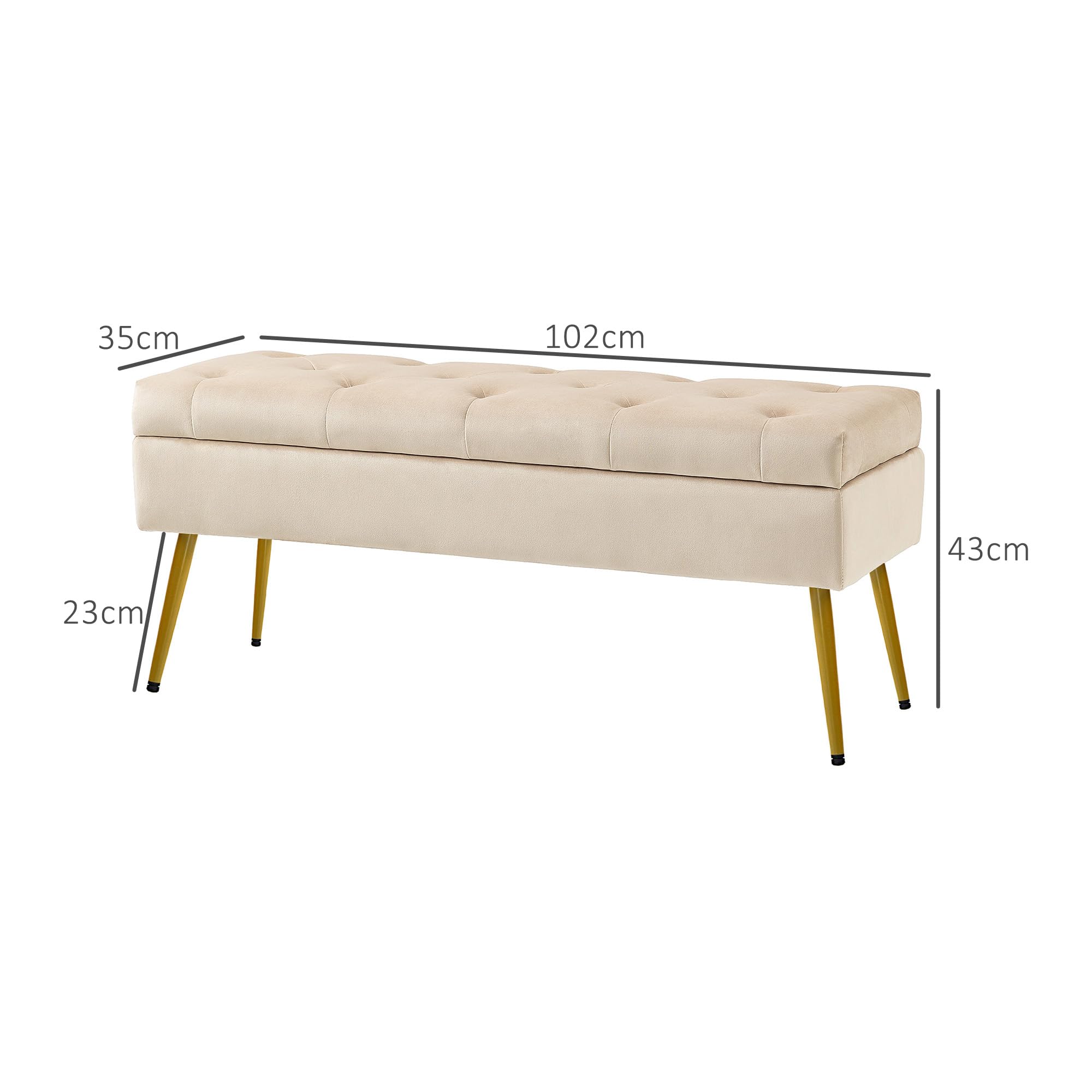 HOMCOM Banco almacenamiento tapa, terciopelo, 102x35x43cm, Beige | Banco tapizado, banco cama para pasillo, dormitorio, salón, marco metálico.