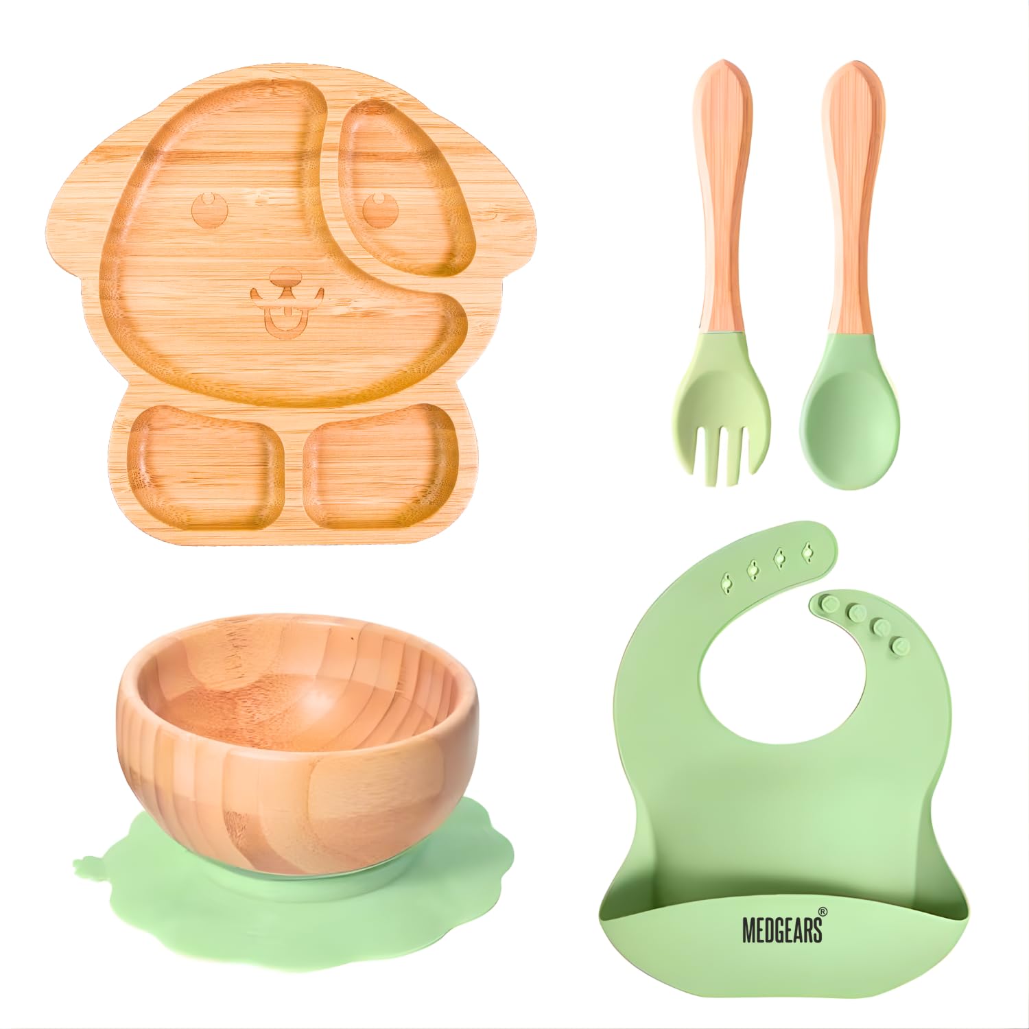 Medgears Baby Feeding Set with Bamboo Plate, Bowl, Spoon, Fork & Silicone Bib | Eco-Friendly, BPA-Free, Baby Self-Feeding Combo-image-35