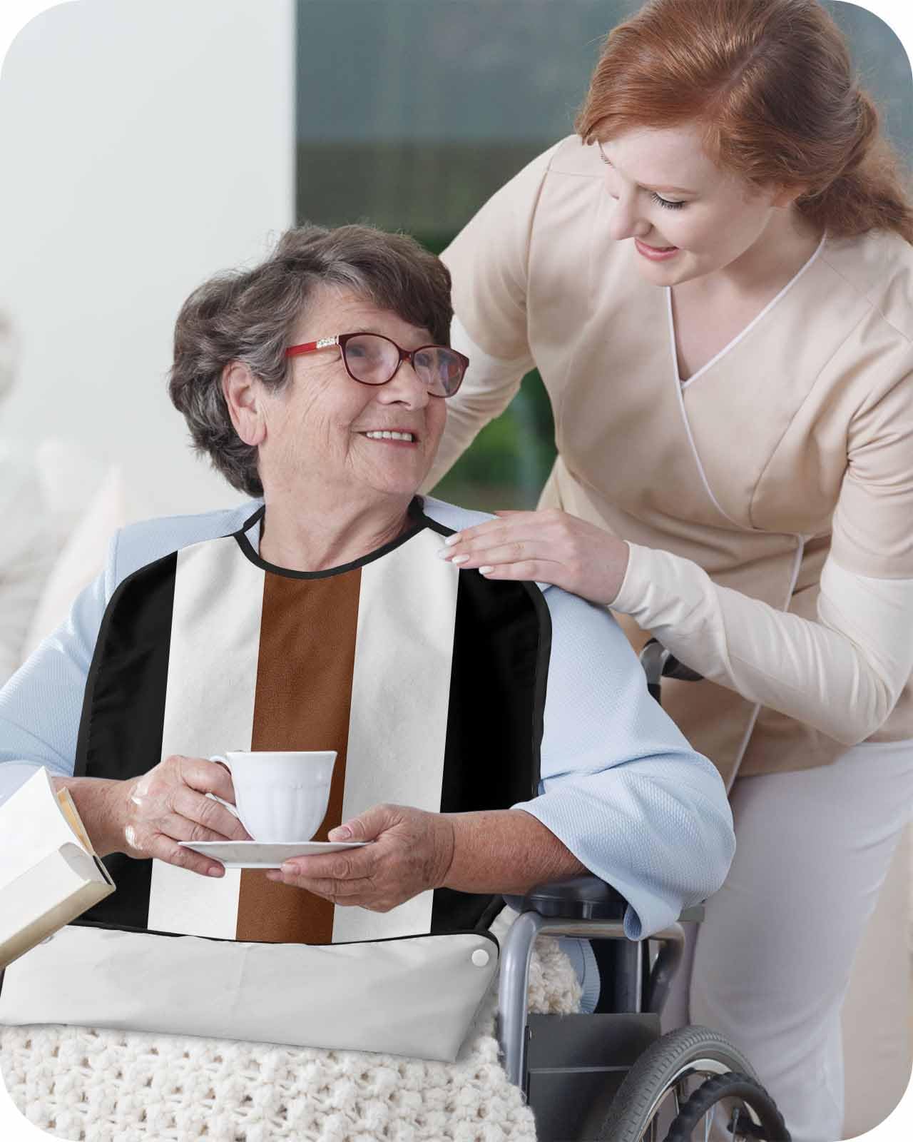 Geometric Stripes Adult Bib for Eating with Crumb Catcher,Washable & Waterproof Terry Cloth Adjustable Elderly Women Men Adult Bibs Apron Clothing Protector Boho Tribal Black Brown Whte Bohemia