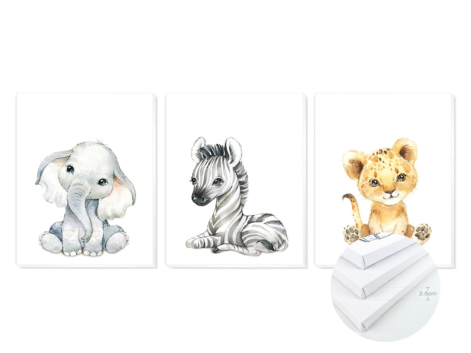 TIME HOME DEVELOPMENT Cuadros Infantiles de Lienzo Impreso con Bastidor para decoración Pared habitación Dormitorio niños - Pack tríptico 3 Cuadros con Bastidor Madera tamaño 40x50cm (Animales Liso)