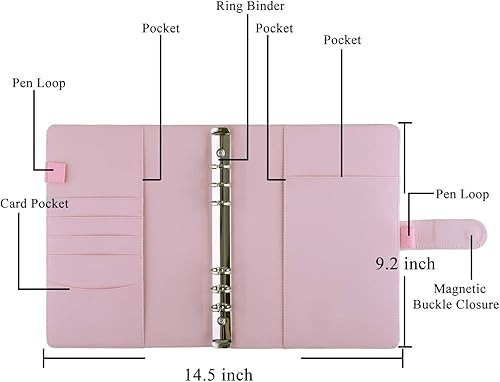 Miniatura 2 de Antner Carpeta A5 de piel sintética de 6 anillas, para papel de relleno A5, planificador personal A5, carpeta de presupuesto recargable con cierre