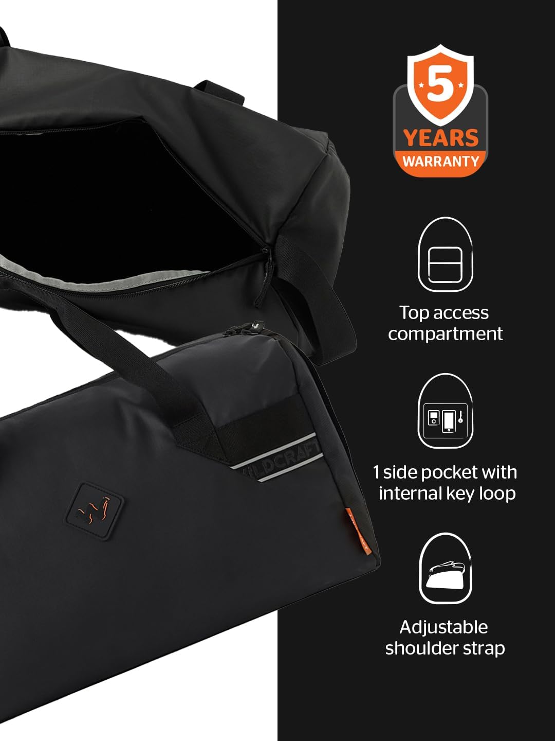 Wildcraft Dark Edition 40 Large Duffle Bag for Men & Women Multiple Pockets, Adjustable Straps Travel & Sports Bag L Dark Black