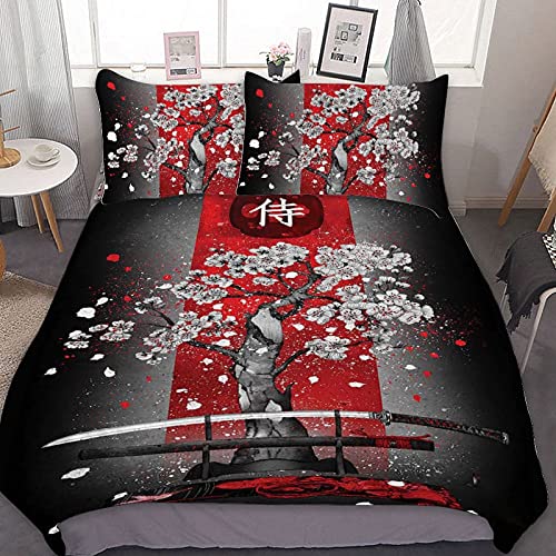 Japanese Black White Ink Style Samurai Sword Red Sakura Traditional 3D Printing Pattern Bedding Sets 3Pcs Duvet Cover Set King Size Comfortable Modern Quilt Bedspread With 1 Duvet Cover 2 Pillow Cases #TOP25