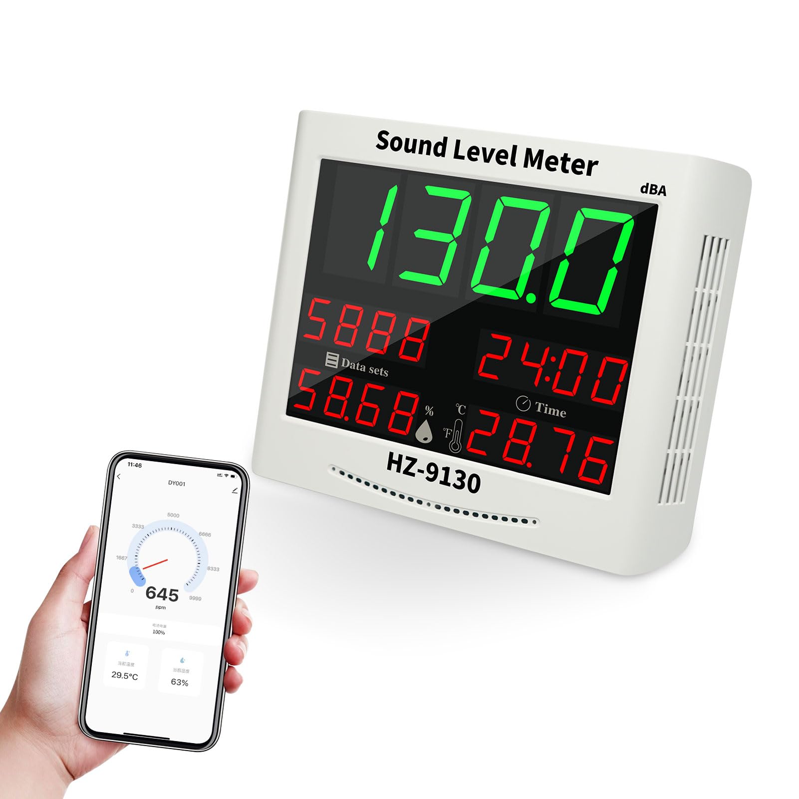 Fafeicy Misuratore di Rumore Digitale Fonometro WiFi con App TY Ampio Schermo Retroilluminato Gamma 30-130 DB per Uffici di Produzione (Spina europea)