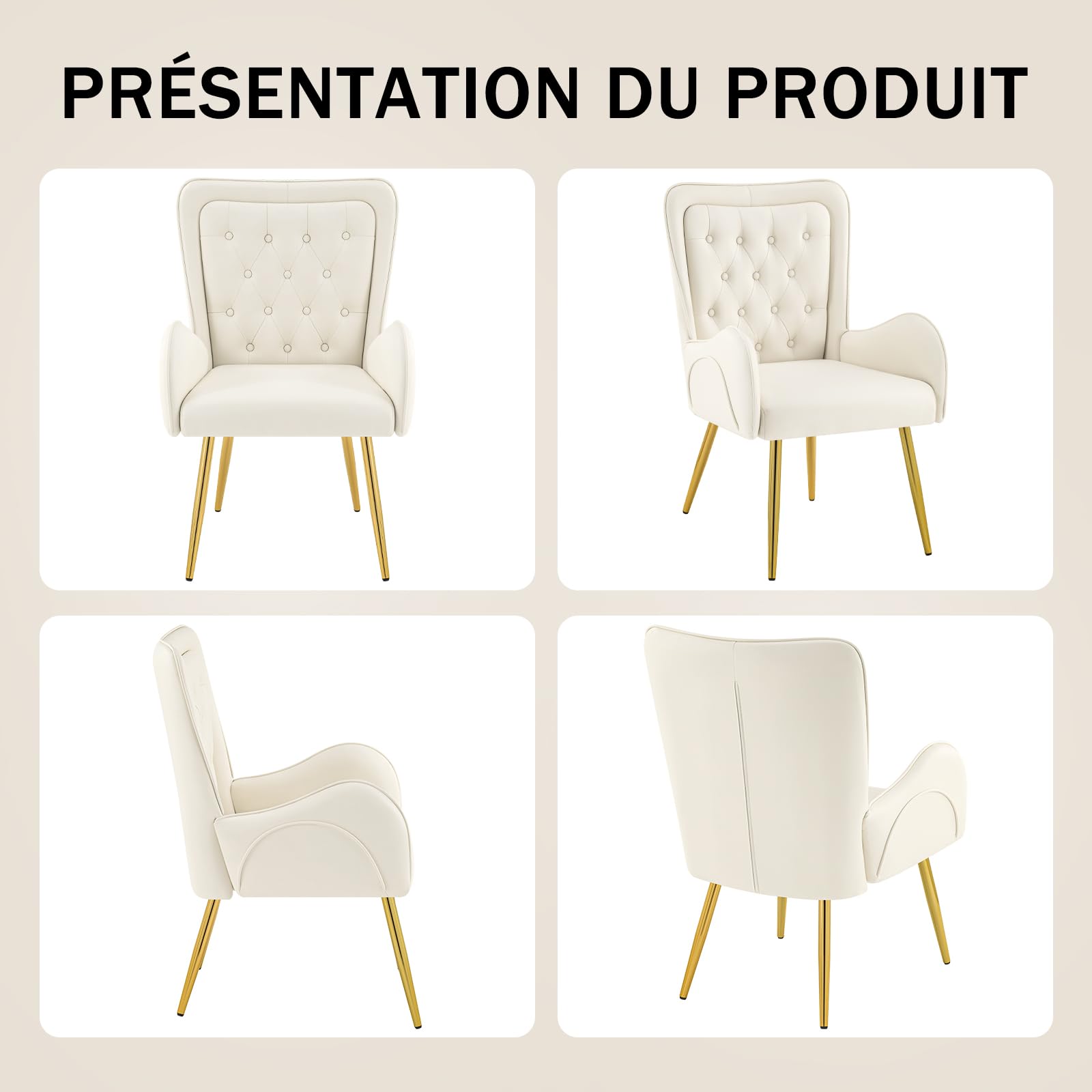 Hellove Fauteuil Salon Double Dossier Design Scandinave Luxe - Chaise Lounge Confortable Cuir, Structure Bois Massif, Pieds Métal Doré, Accoudoirs Radius pour Salon, Chambre, Beige