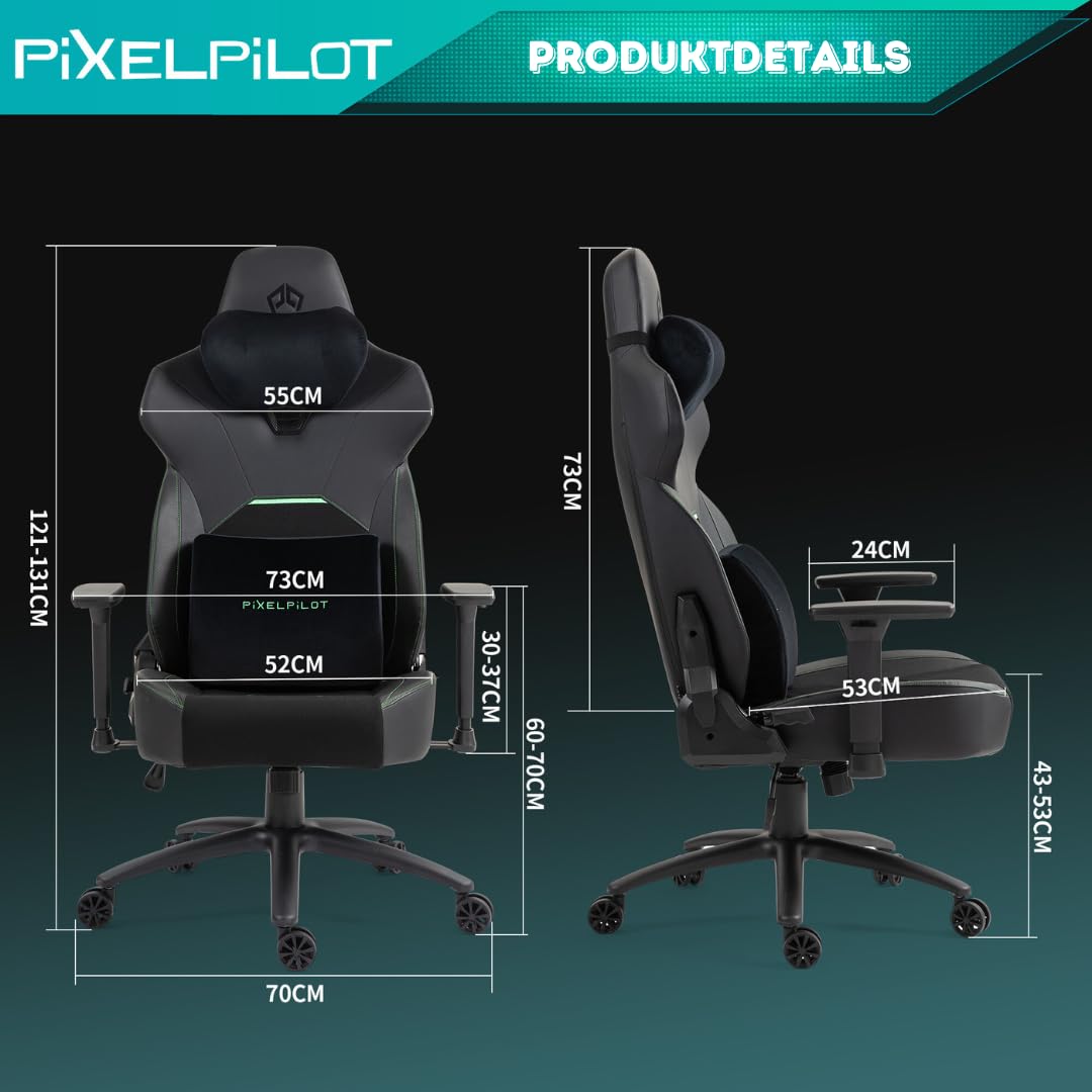 PixelPilot Ergonomische gamingstoel, ademende stof, gamingstoel met 3D-armleuningen, hoofd- en lendensteun, gamer pc-stoel, breed zitvlak, bureaustoel, belastbaar tot 150 kg
