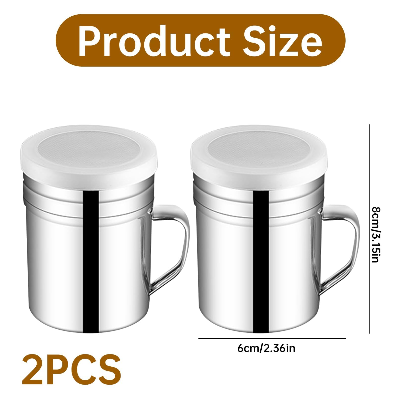 2 Stück Mehlstreuer Kakaostreuer Pulverstreuer Puderzuckerstreuer,Staubzuckerstreuer,Edelstahl mit Streuer Deckel,für Griff Shaker aus Cappuccino,Edelstahl-Pulverstreuer Feiner Frischhaltedeckel