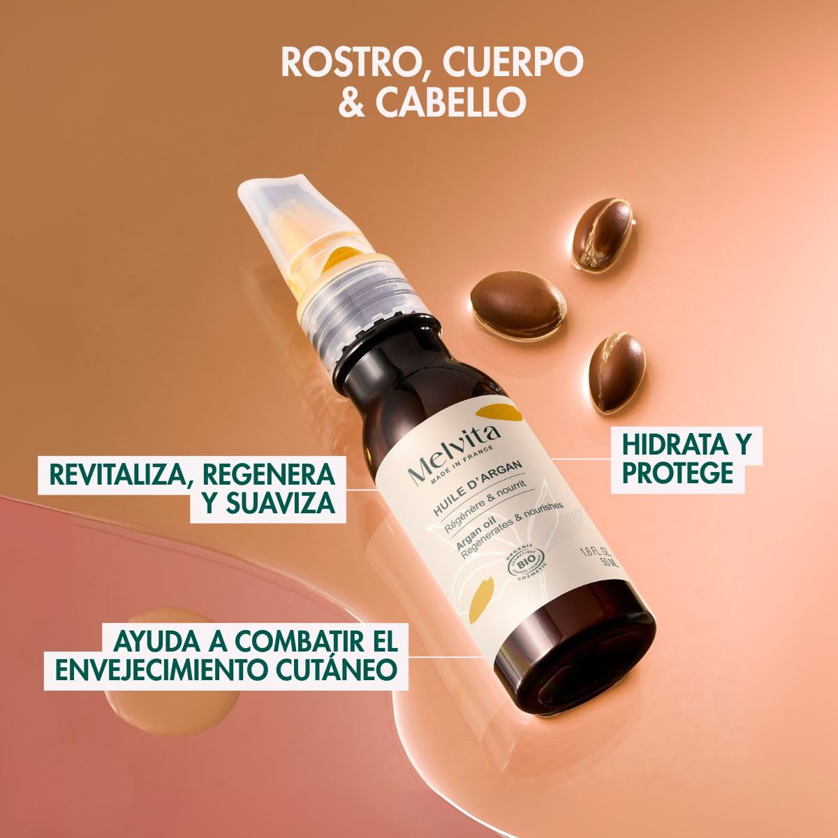 Melvita - Aceite de belleza - Nutre y protege la piel - Para el rostro, el cuerpo y el cabello - Fabricado en Francia