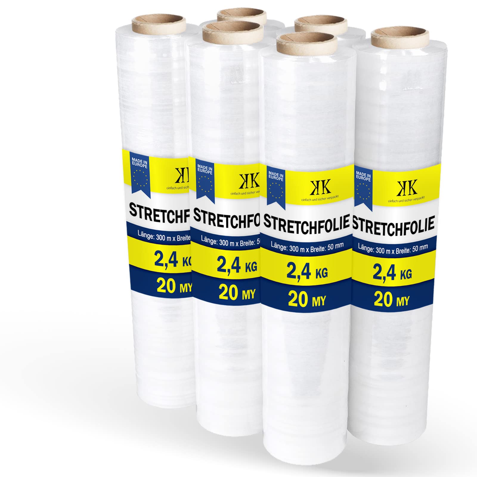 KK Verpackungen Stretchfolie, Transparent, Möbelfolie, Umzugsfolie, 6 Rollen, 50cm x 300m - 20my reißfest & dehnbar, Ideal für Einlagerung & Möbelschutz