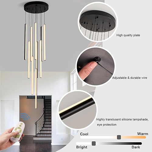 Miniatura 5 de HuisMier Candelabro LED moderno, 10 luces negras regulables lineales con control remoto, lámpara de techo alto, altura ajustable para escalera, sala