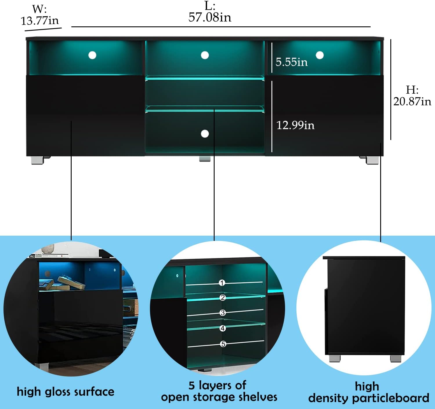 High Glossy LED Black TV Stand for 55/60/65 inch TV,Modern LED Entertainment Center with Adjustable Storage Shelves,Game Console Entertainment Center,TV Table Media Furniture (57inch, Black)