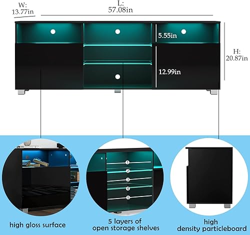 Miniatura 26 de Soporte de TV negro LED de alto brillo para TV de 55/60/65 pulgadas, moderno centro de entretenimiento LED con estantes de almacenamiento