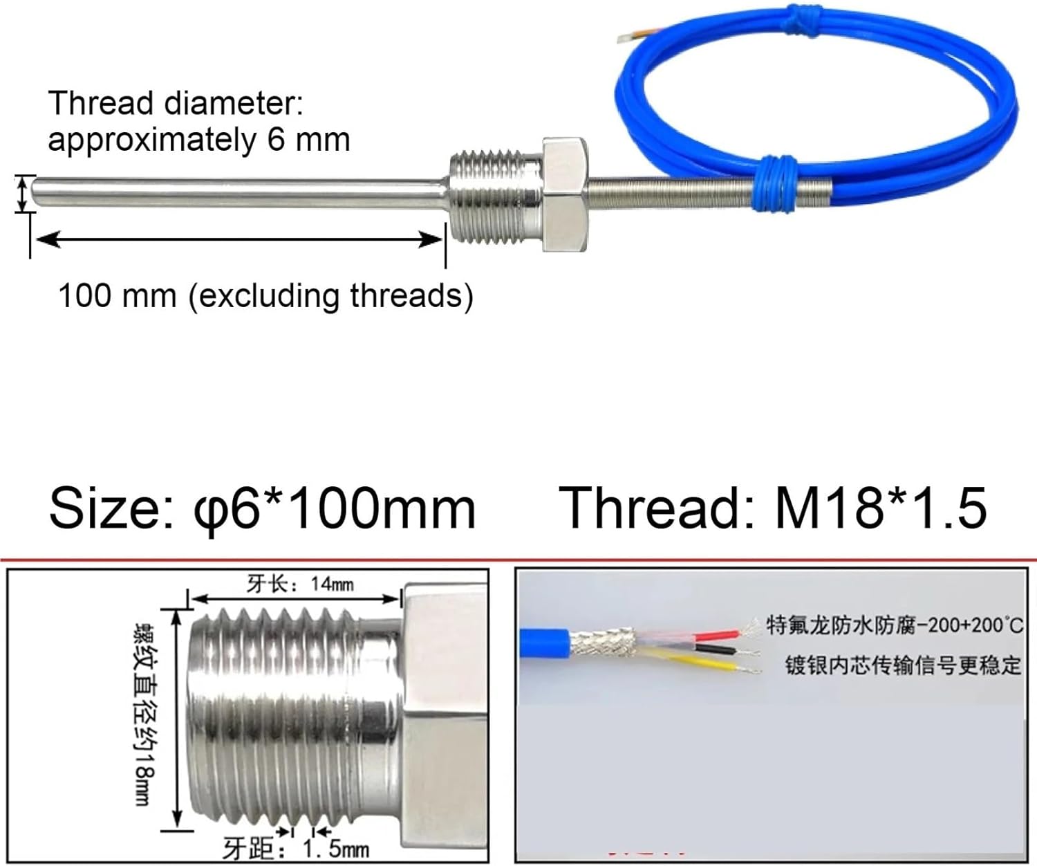 COKYIS DS18B Waterproof Temperature Sensor Stainless Steel Probe, PTFE Threaded Digital Thermometer for Industrial Use(M18-1.5 6-100mm)