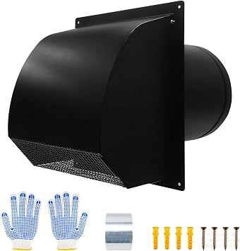 8 Inch Galvanized Steel Hooded Wall Vent,Arc-Shaped Outdoor Wall Vent Cap with Mesh Cover and Damper for Kitchen, Bathroom, Laundry, Garage Ventilation and Exhaust Black, 8 Inch