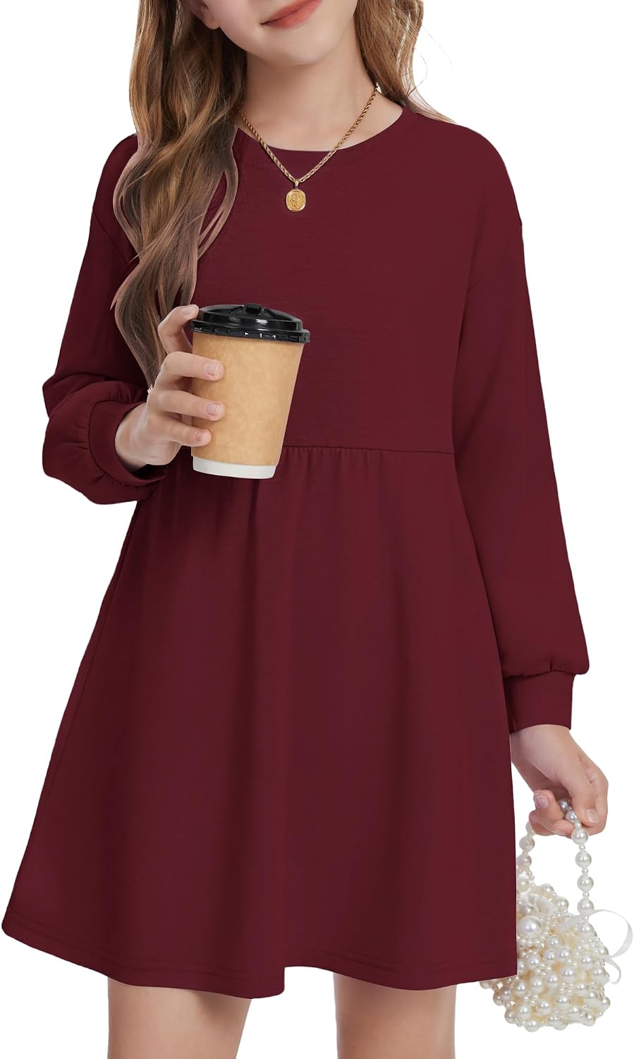 Girls Long Sleeve Dress Crew Neck Fall Cotton Cute Mini Dress with Pockets