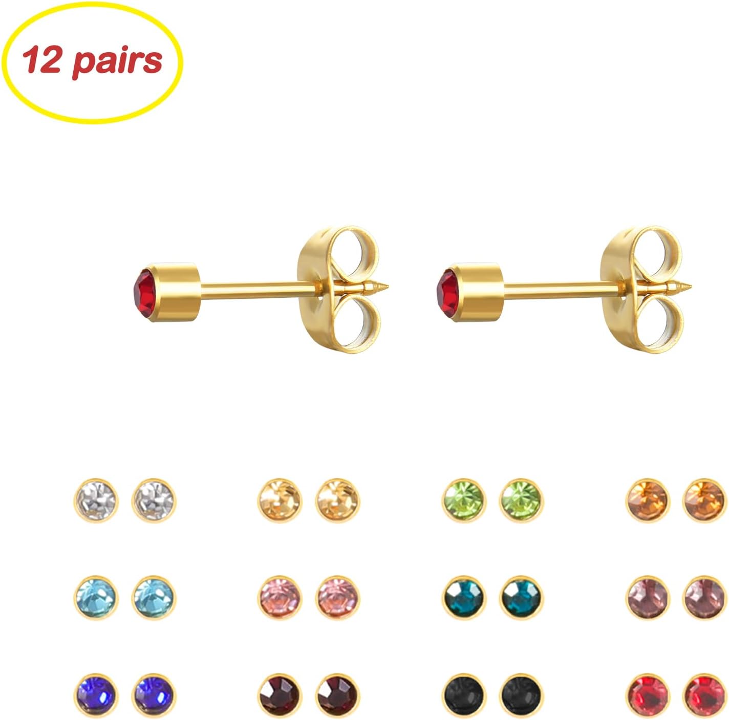 12 Pairs Ear Piercing Stud Earrings for Ear Piercing Guns, Surgical Stainless Steel Multicolor Round Heart Star Cubic Zirconia Birthstone Stud Earrings Set - Image 2