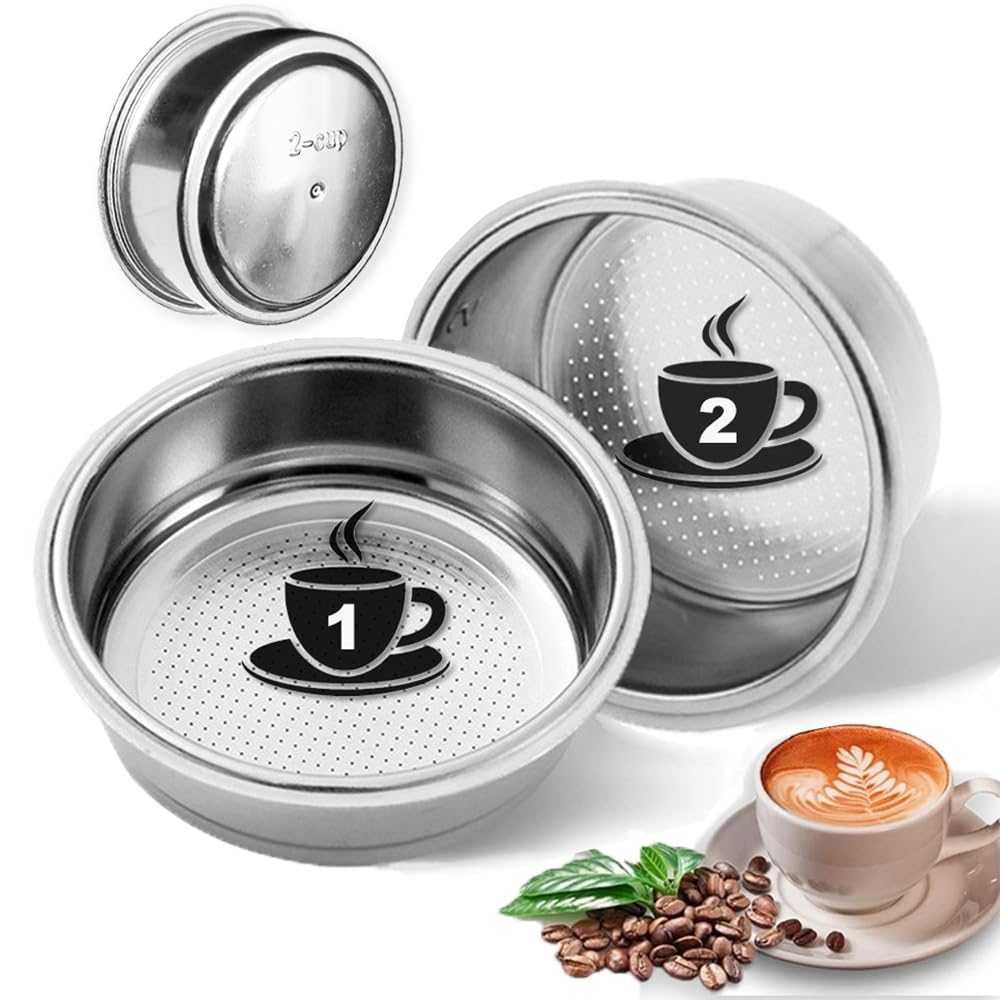 2 Filtros PRESURIZADOS de 1 y 2 Tazas de Acero Inoxidable (51mm). Compatibles con Cafeteras Cecotec Ufesa Delonghi Breville y más. Cesta de Filtro de café Doble Capa Especial Espresso