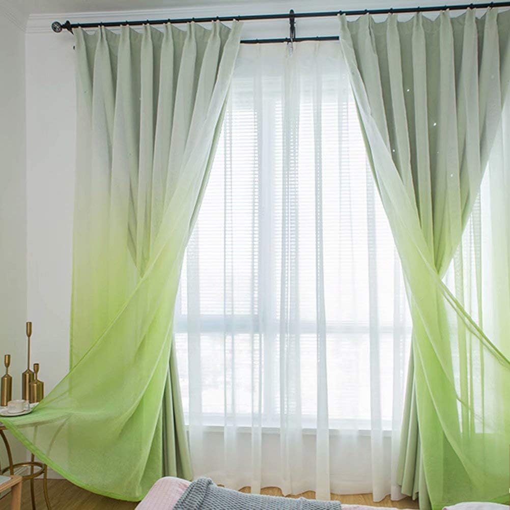 姫系 遮光カーテン レース付き グリーン 二重 遮光率90％ かわいい シンプル 星柄 透かし彫り おしゃれ 一体型 ドレープ フッ