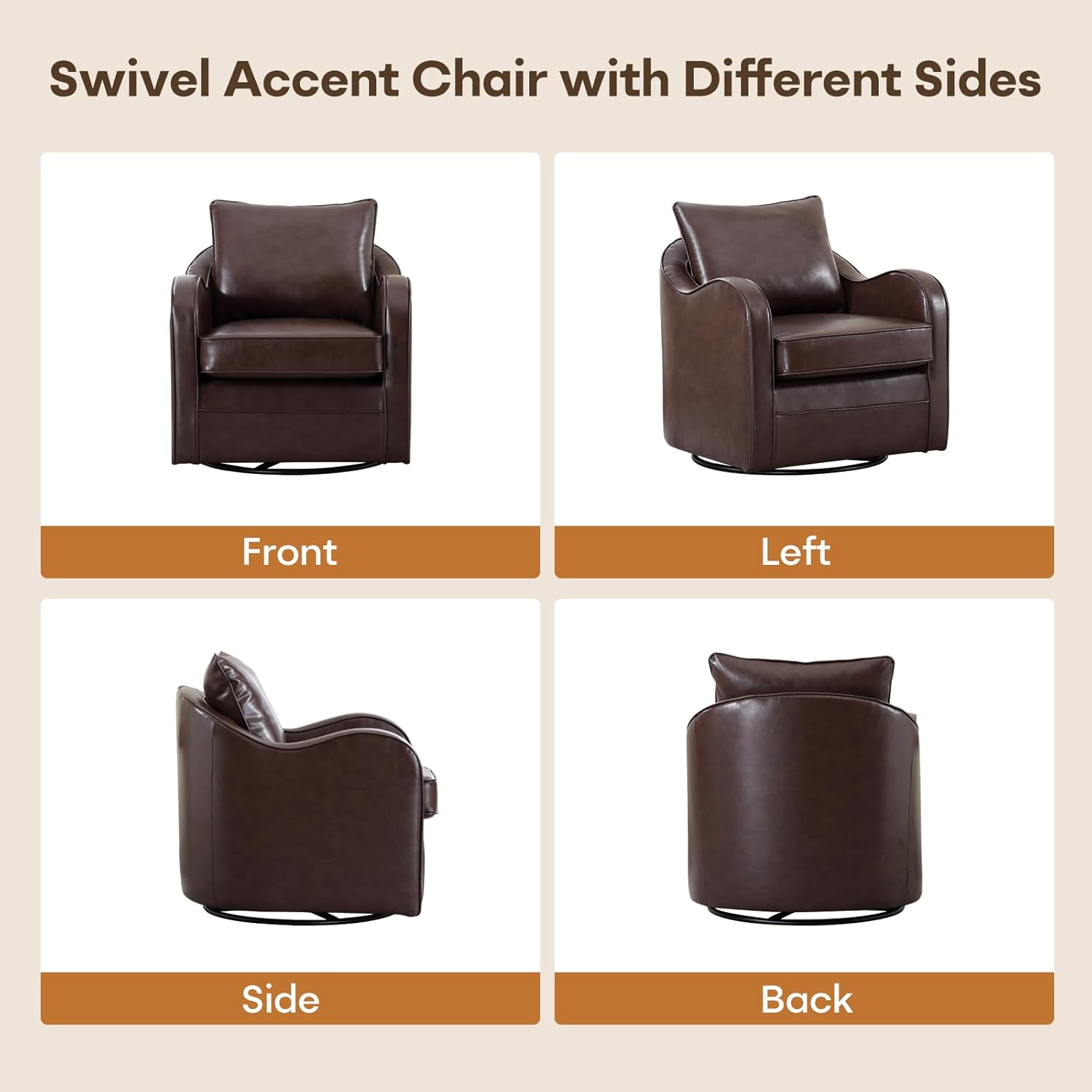 Phoenix Home Swivel Accent Chair Set of 2, Luxury Oiled PU Leather Swivel Chair Barrel Chair, Comfy Upholstered Rocking Chair with 360 Degree Swiveling Armchair for Bedroom Living Room, Dark Brown