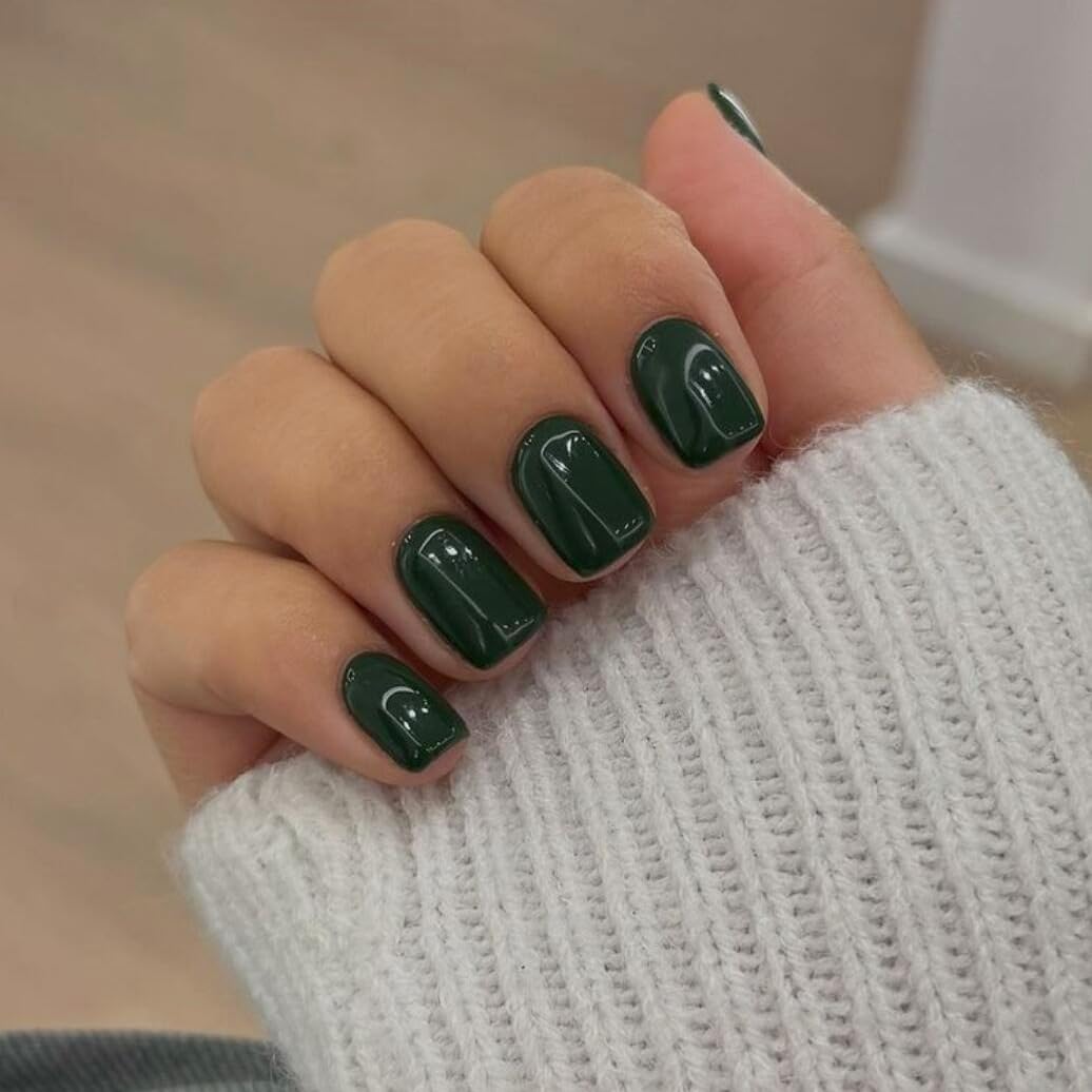 SXVME 48 Pcs Dark Green Press on Nails Short Square Acrylic False Nails Short Coffin Natural Fake Nail Set Elegant Solid Color Full Cover Glossy Gel Stick on Nails for Women Daily Wear - Image 3